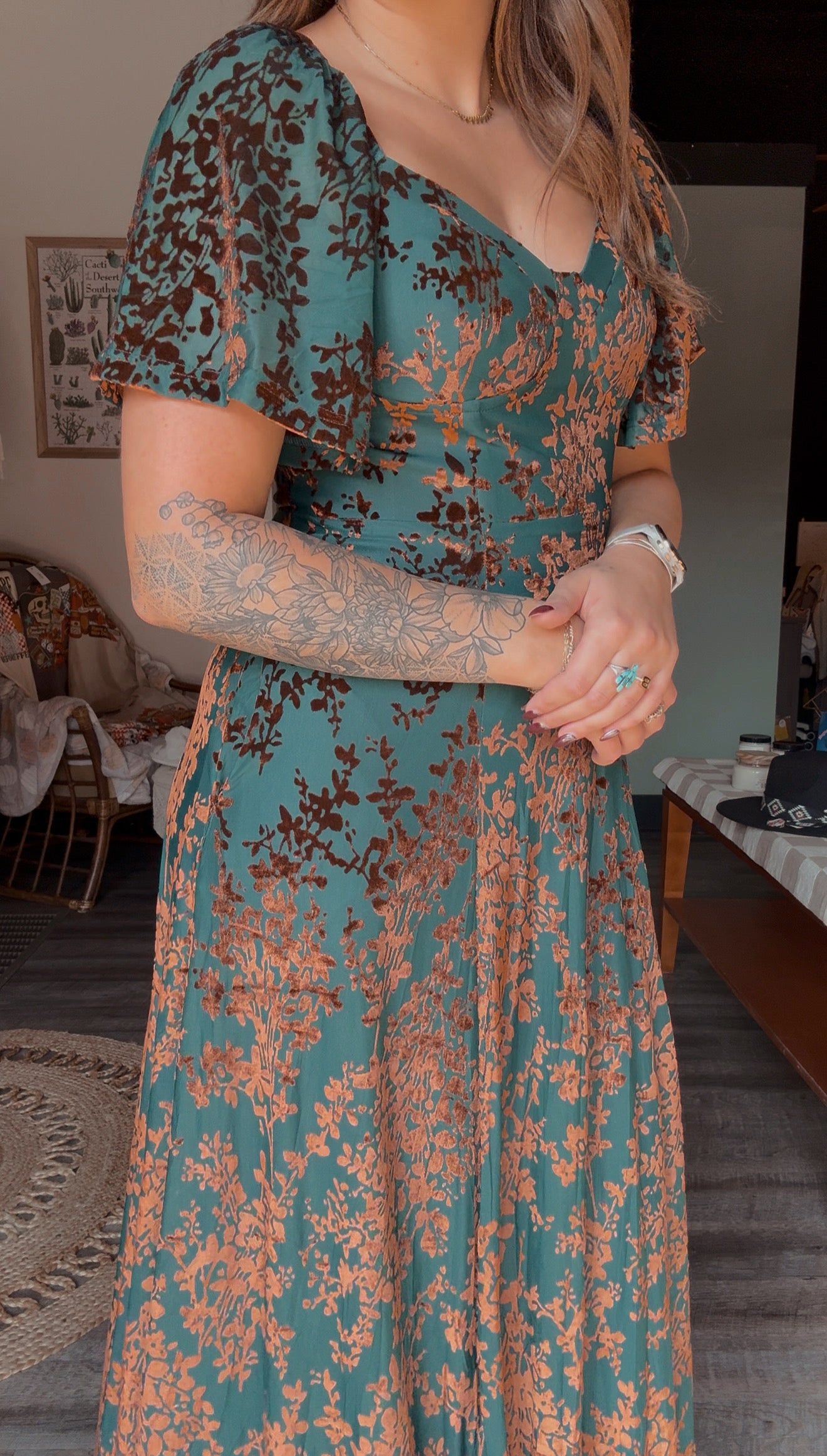 VELVET FLUTTER MAXI DRESS