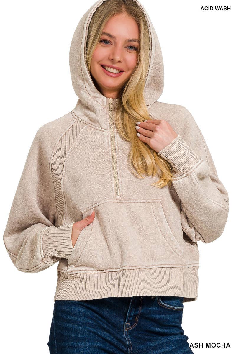 Acid Washed Half Zip Fleece Hoodie