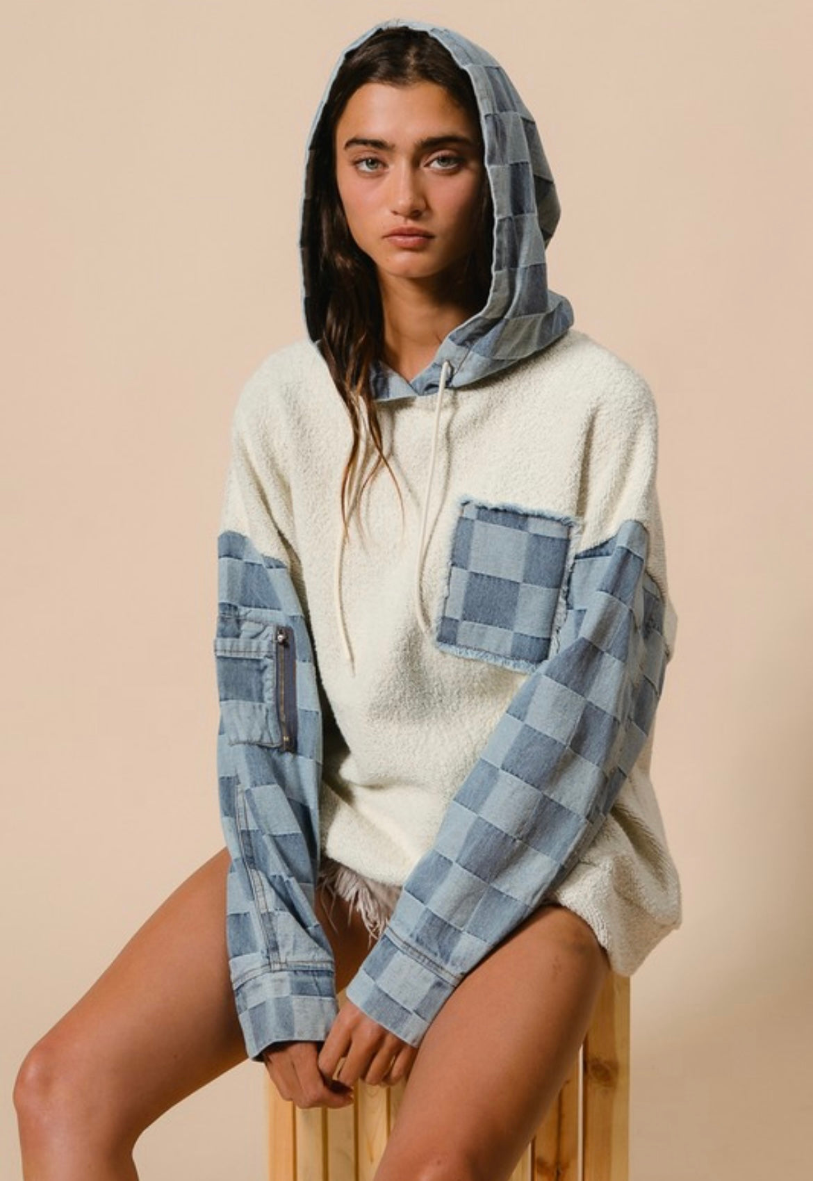 Denim Checkered Patchwork Hoodie