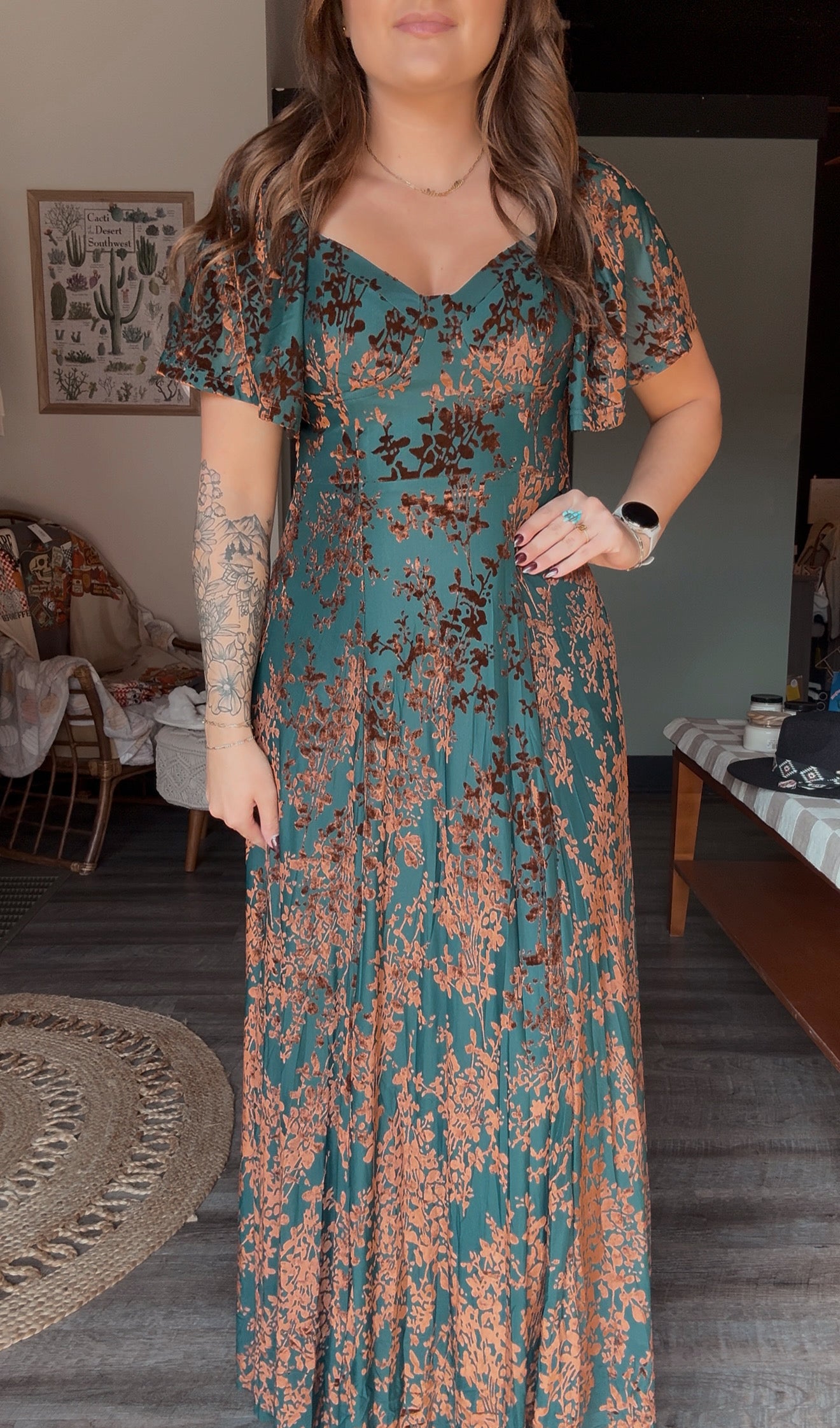 VELVET FLUTTER MAXI DRESS