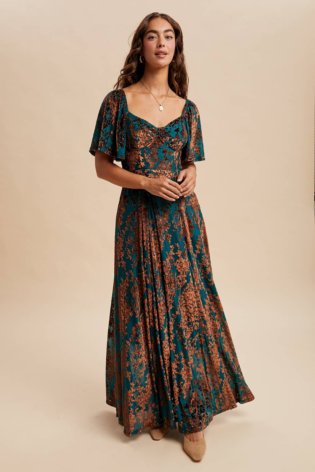 VELVET FLUTTER MAXI DRESS