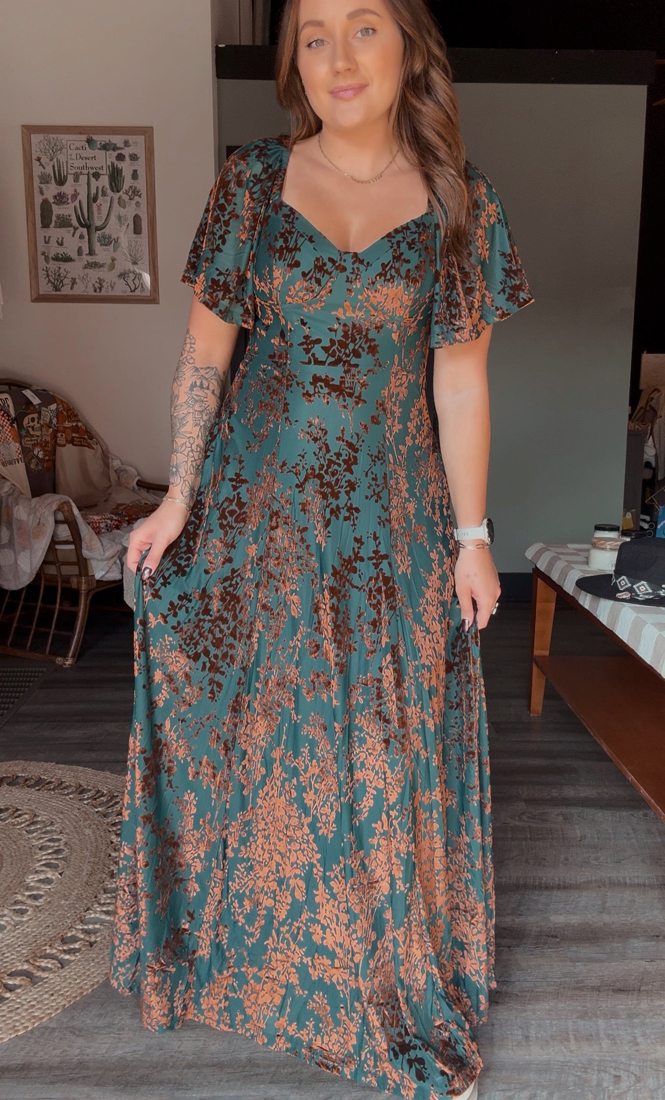 VELVET FLUTTER MAXI DRESS
