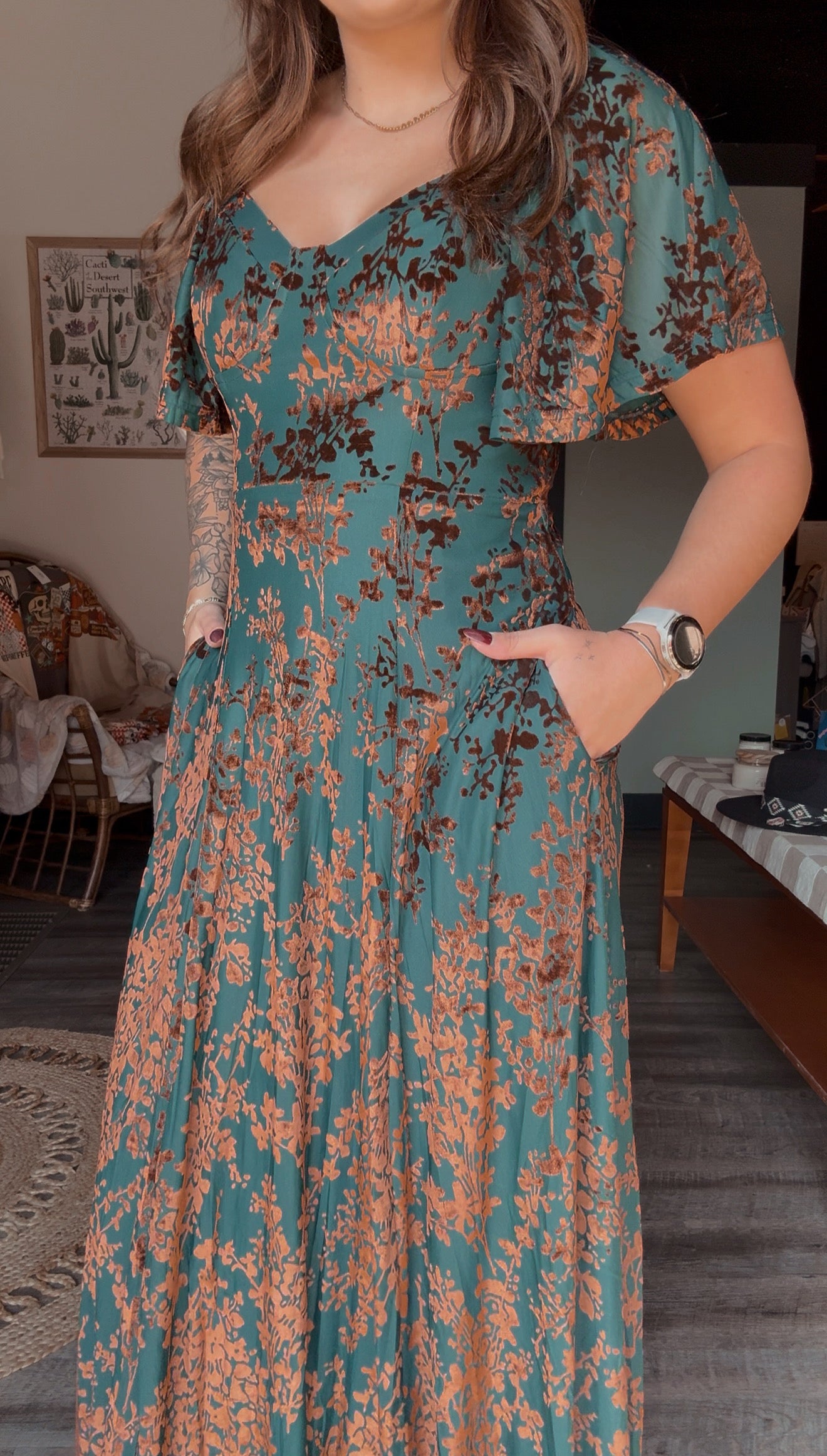 VELVET FLUTTER MAXI DRESS