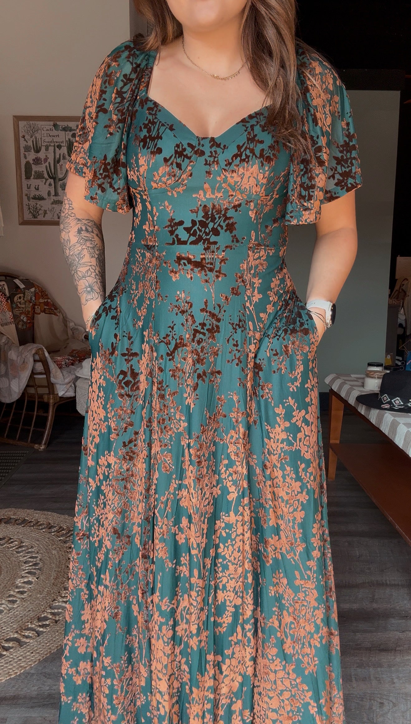 VELVET FLUTTER MAXI DRESS