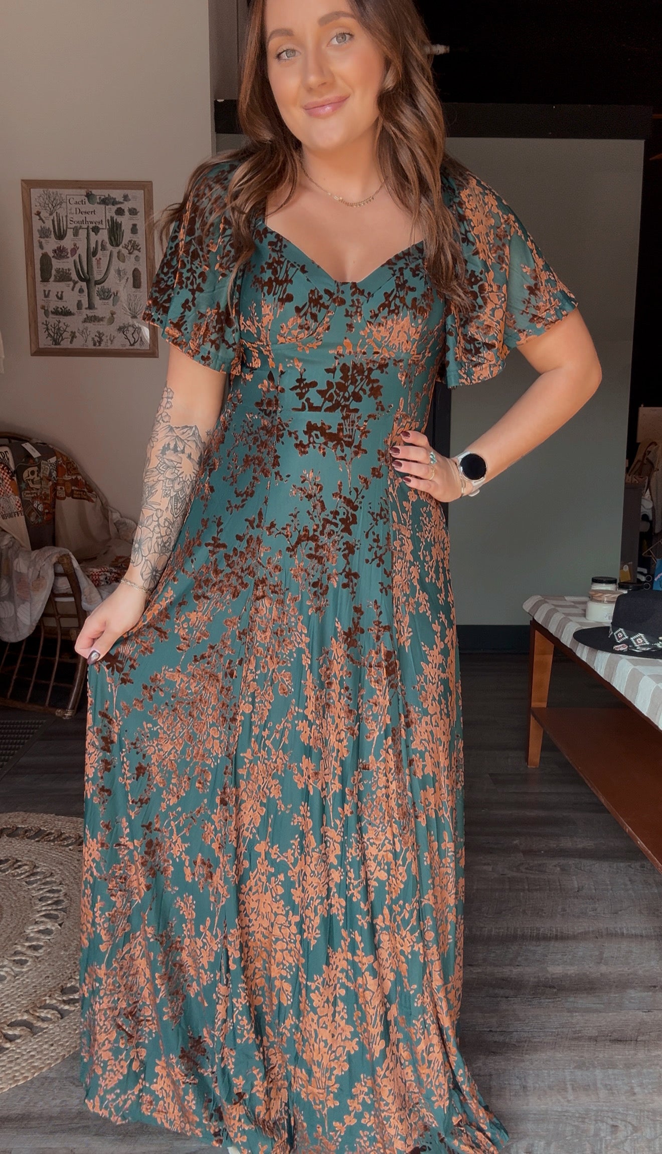 VELVET FLUTTER MAXI DRESS