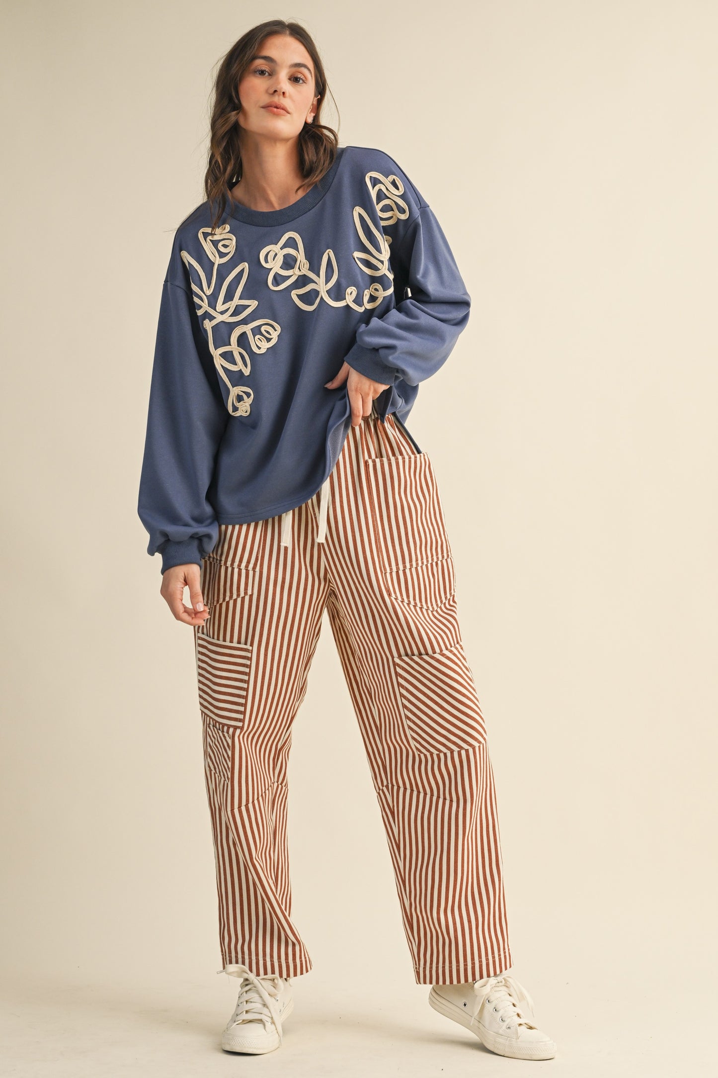 Stripe Patchwork Barrel Leg Pants