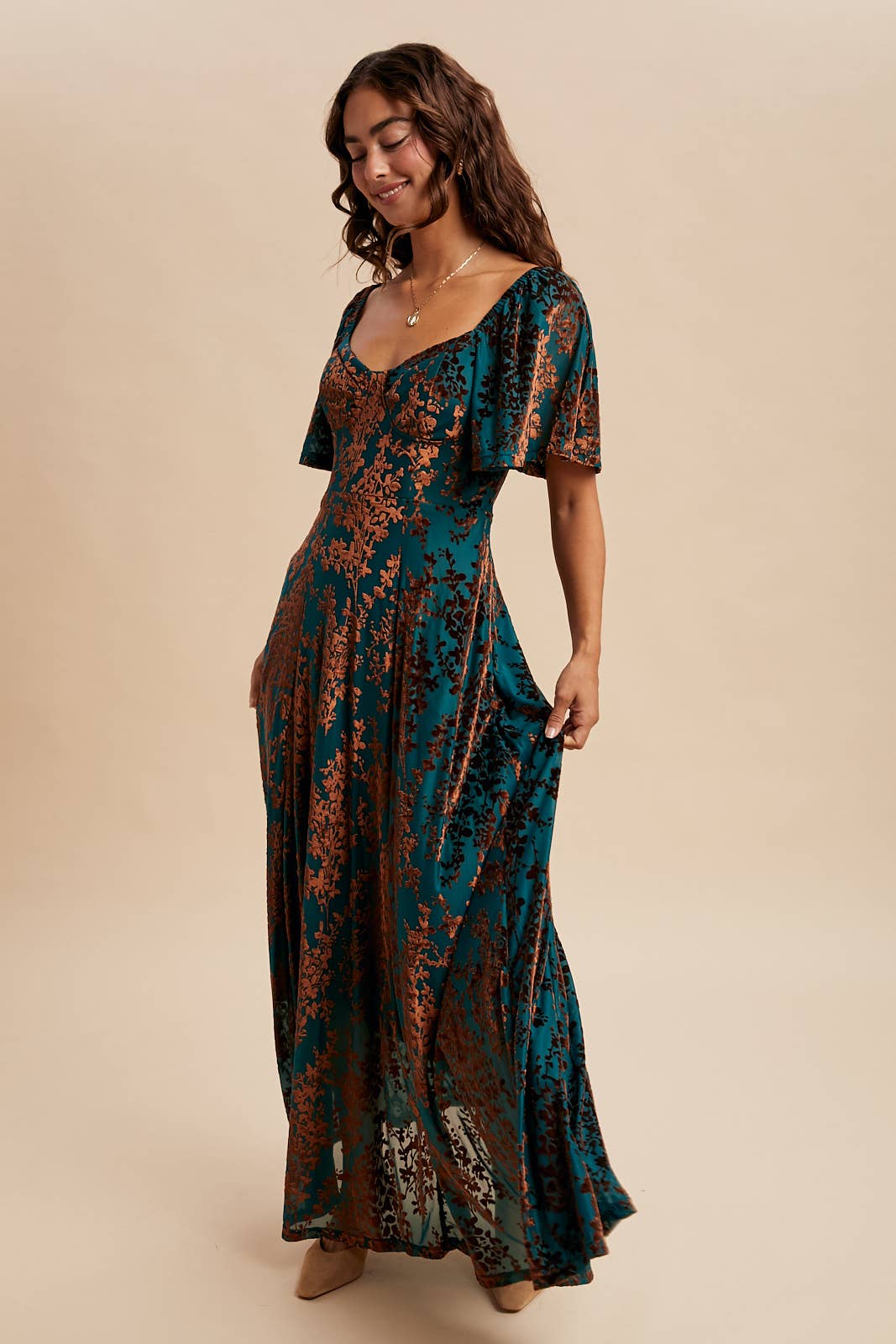VELVET FLUTTER MAXI DRESS