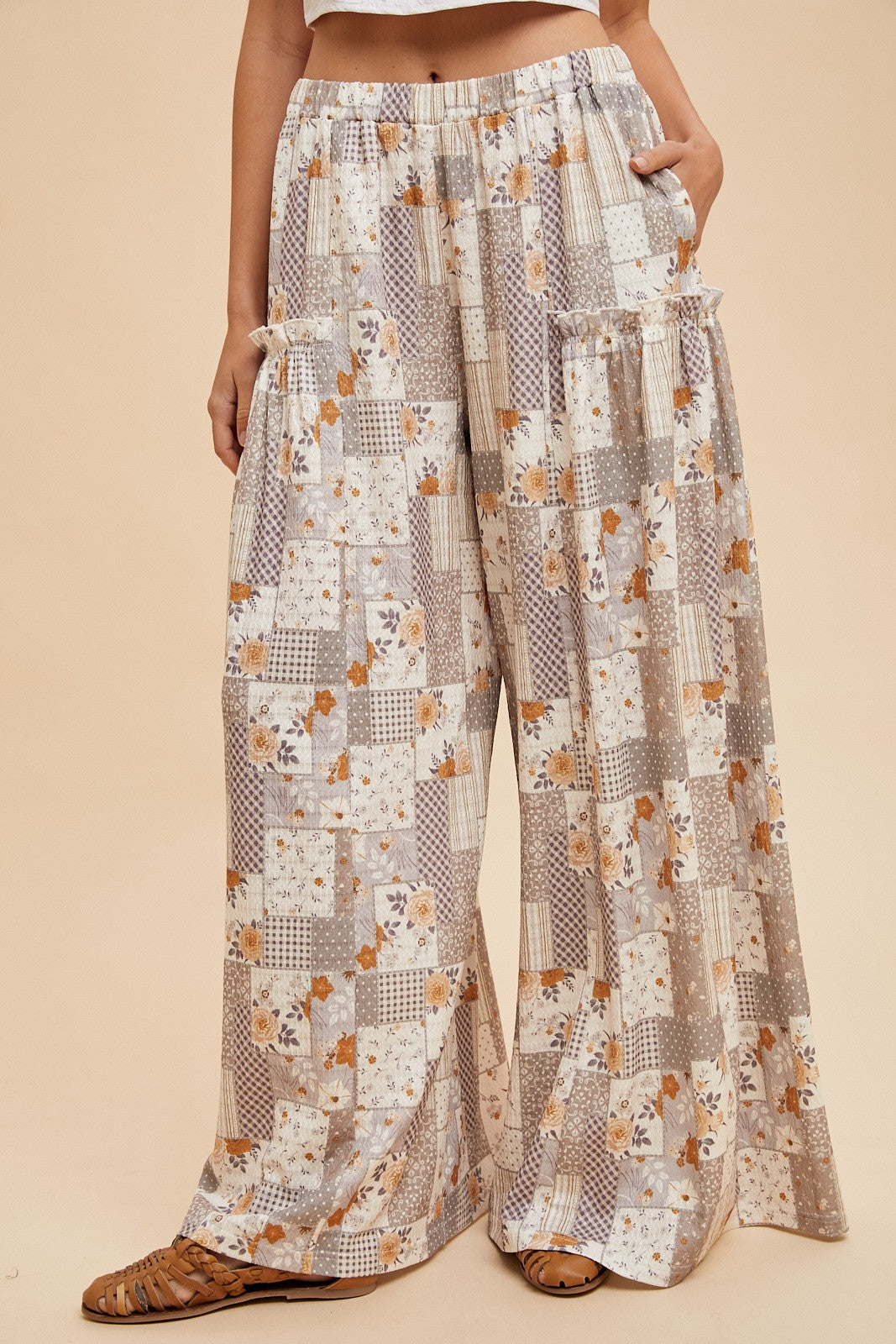 Patchwork Knit Wide Leg Pants