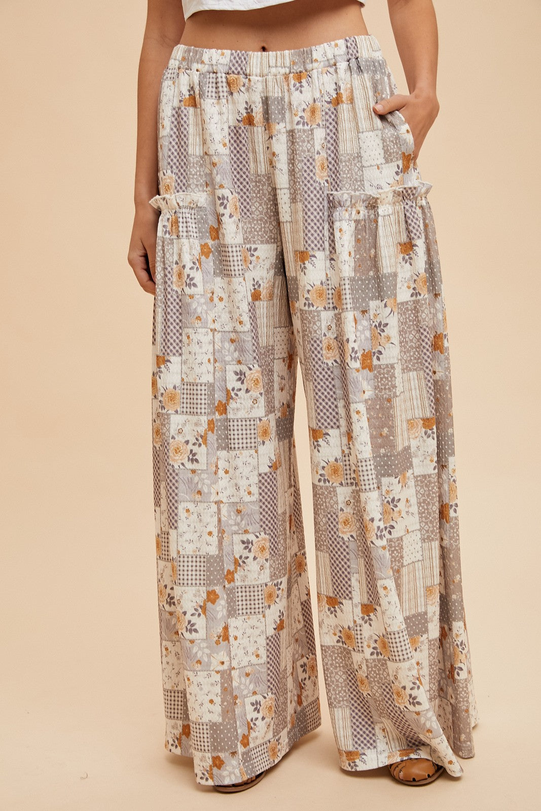 Patchwork Knit Wide Leg Pants