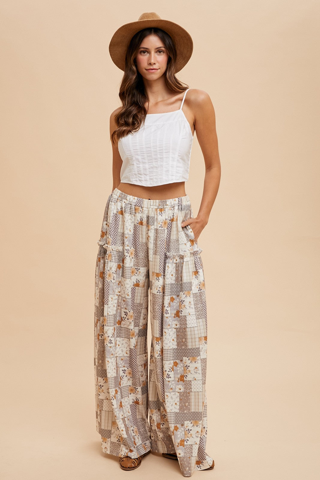 Patchwork Knit Wide Leg Pants