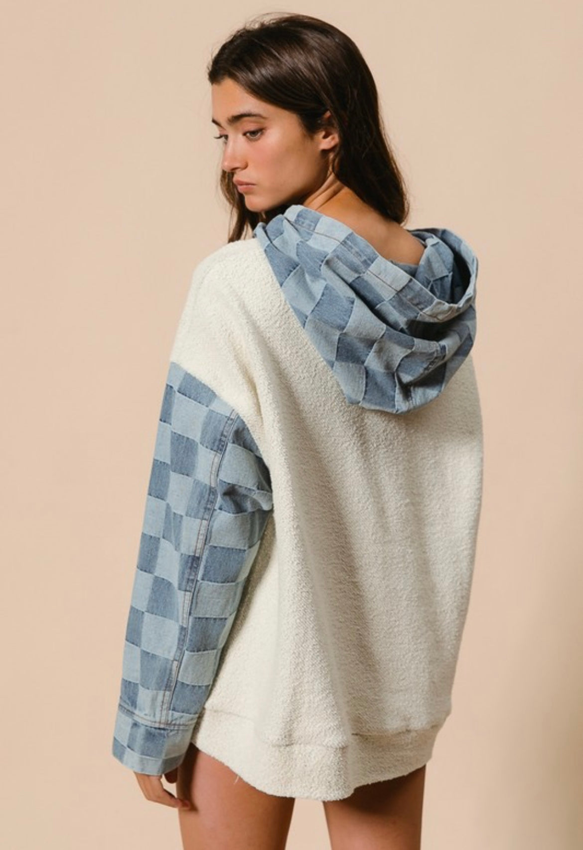 Denim Checkered Patchwork Hoodie