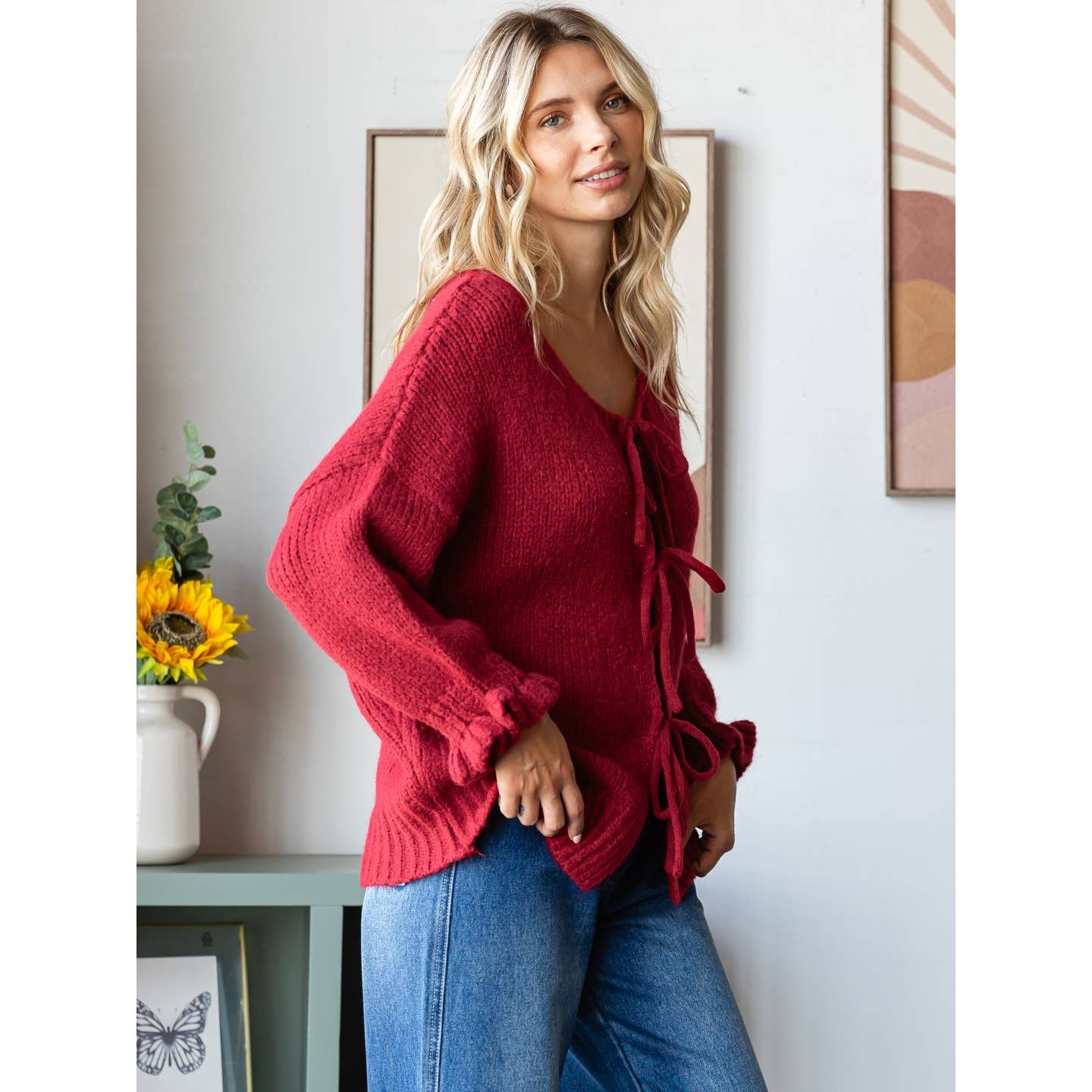 Front Tie Wine Cardigan