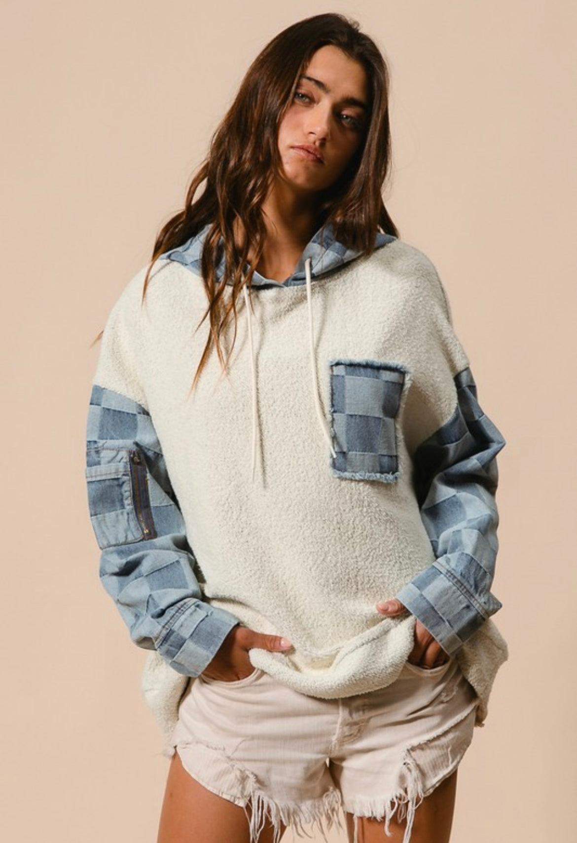 Denim Checkered Patchwork Hoodie