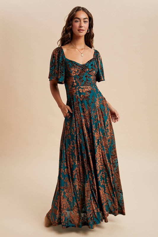 VELVET FLUTTER MAXI DRESS
