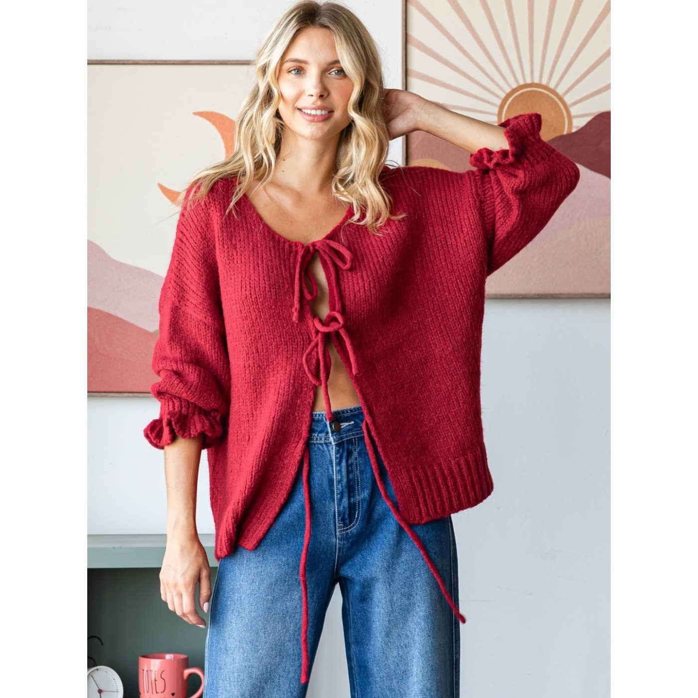 Front Tie Wine Cardigan