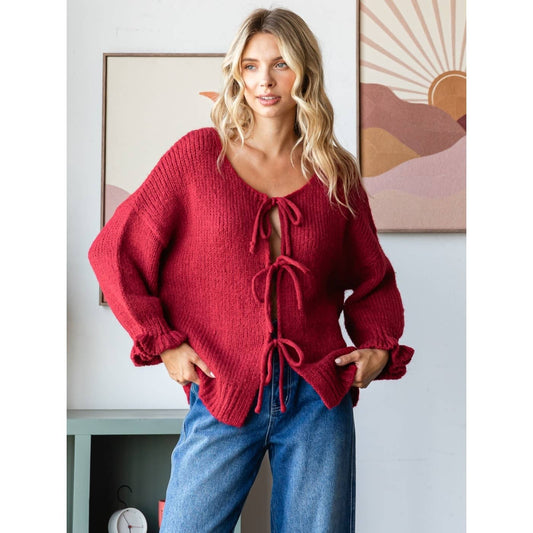 Front Tie Wine Cardigan