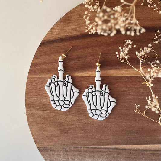 Skeleton Middle Finger Clay Earrings