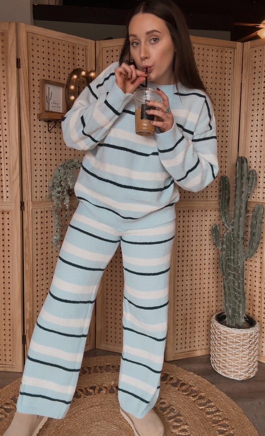 Blue Striped Plush Lounge Set