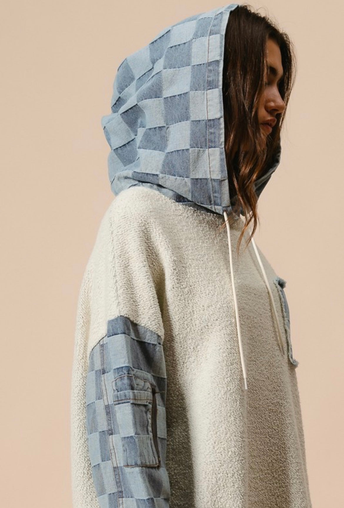 Denim Checkered Patchwork Hoodie