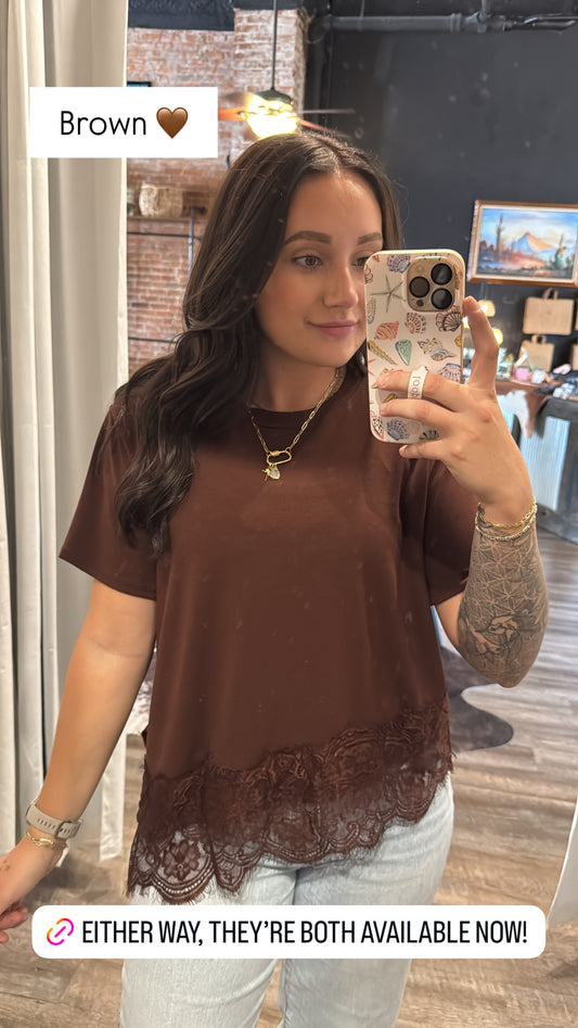 Asymmetrical Lace Top Coffee
