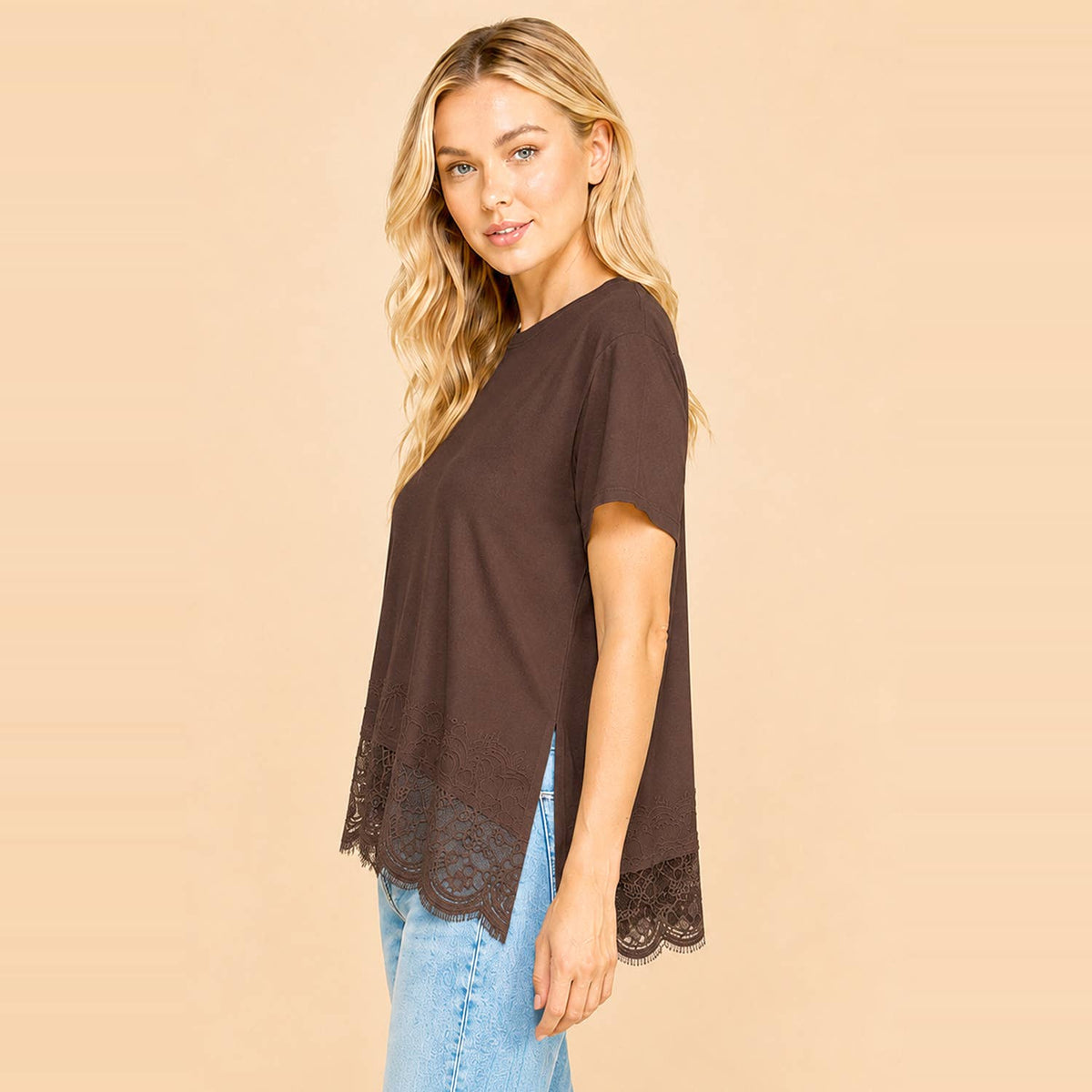Asymmetrical Lace Top Coffee